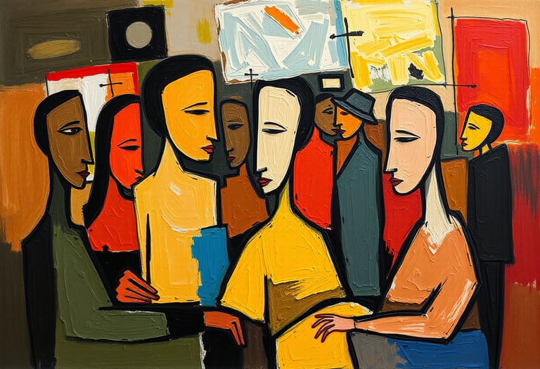 An abstract painting of people sitting together