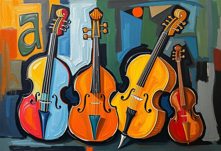 An abstract painting of three cellos and a viola