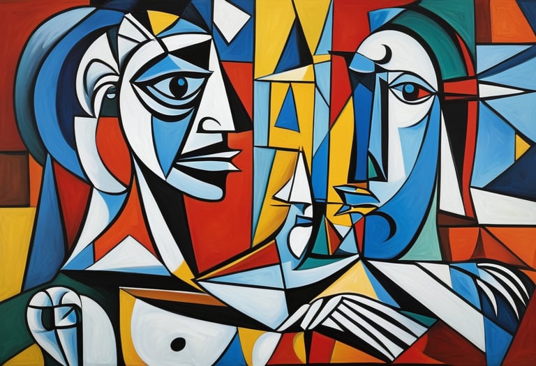 An abstract painting of faces