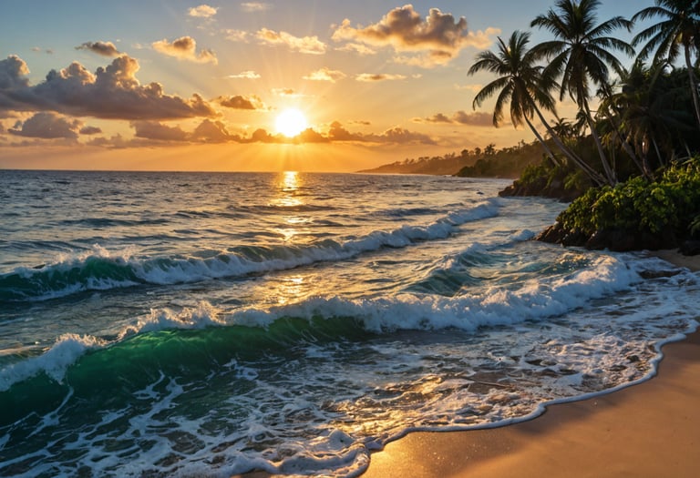 A sunset on the beach with small ocean waves
