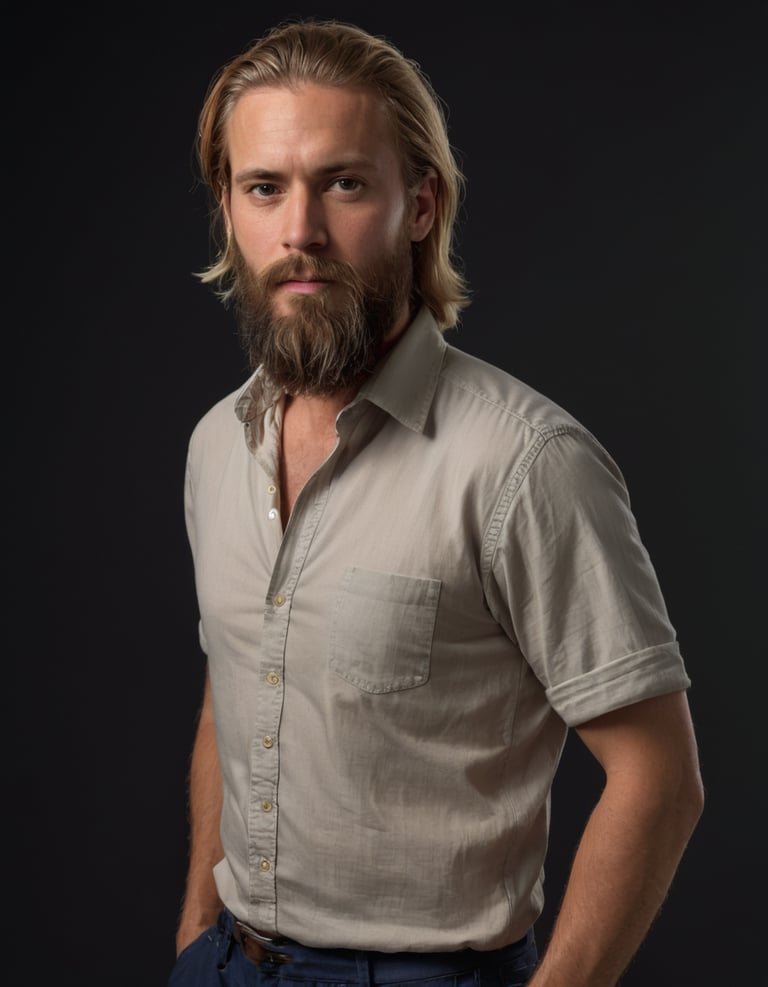 A man with a long beard wearing a beige shirt