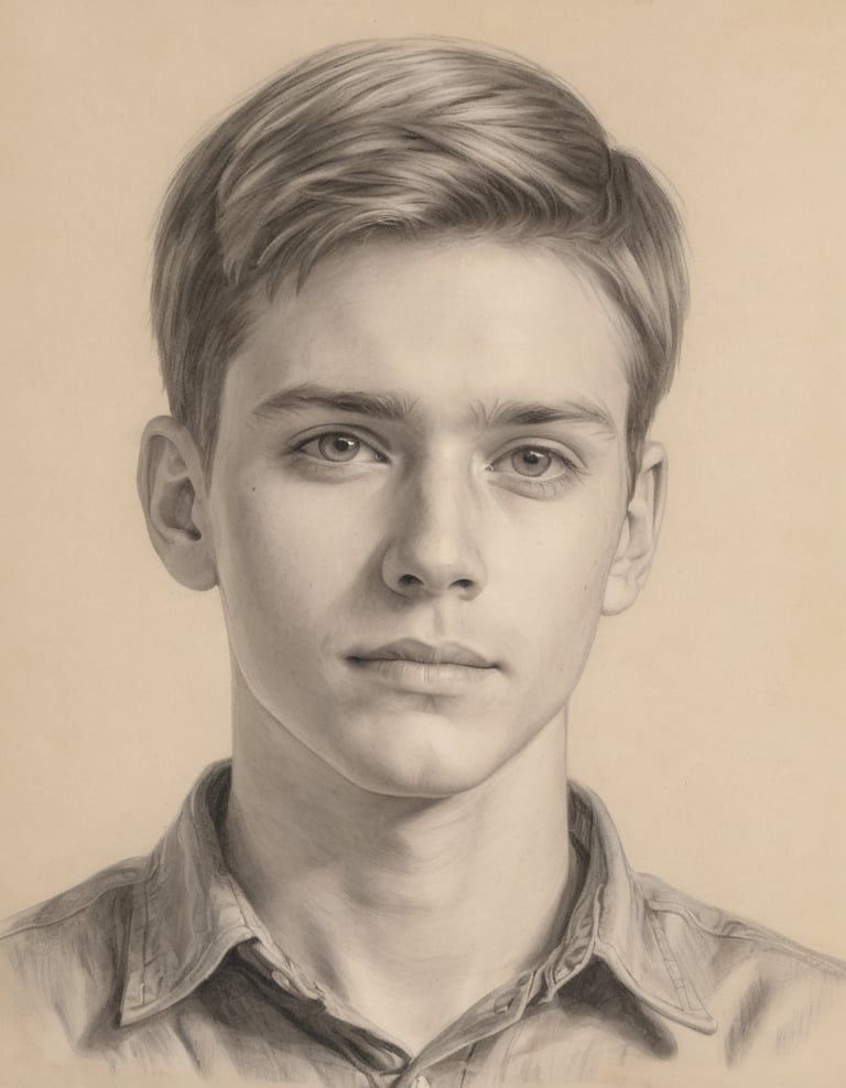 A drawing of a young man with wearing a shirt.