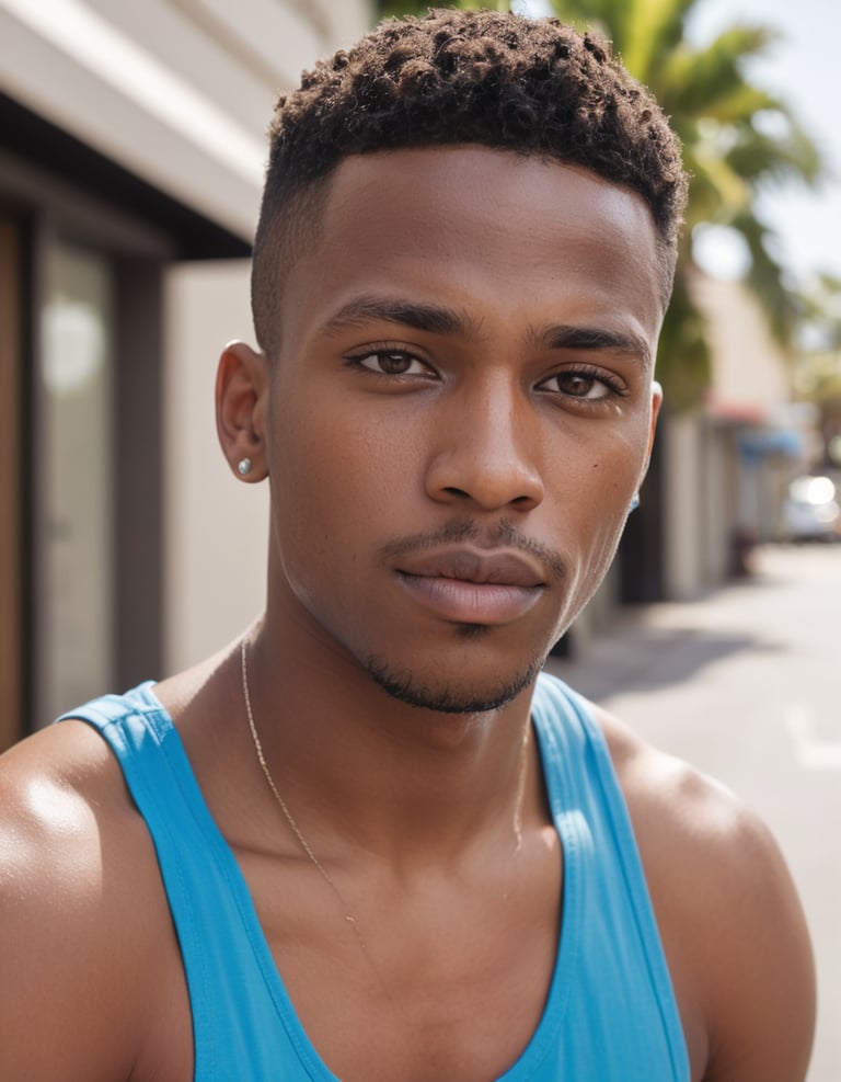 A black man in the street wearing a blue t-shirt.