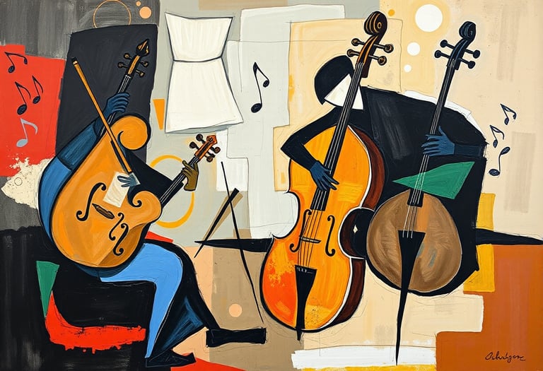 An abstract painting of a cello and double bass