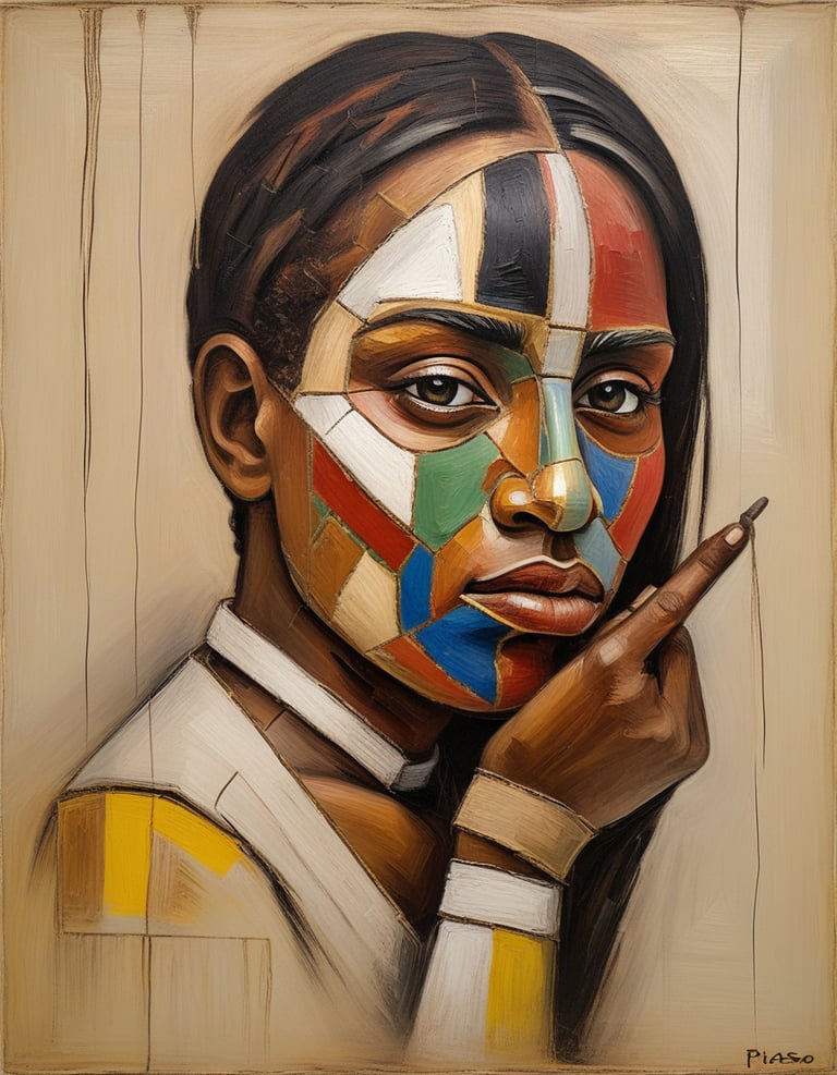 A woman wearing a colored mask