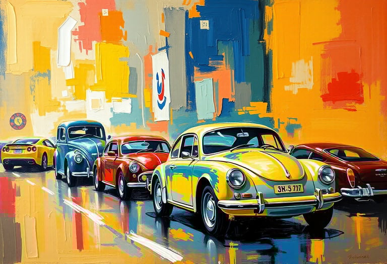 An abstract painting of cars parked on a road