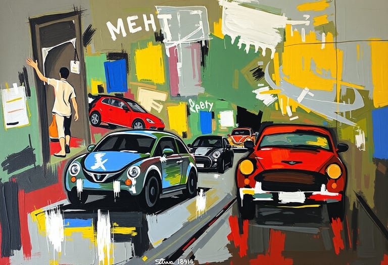 An abstract painting of cars in a road