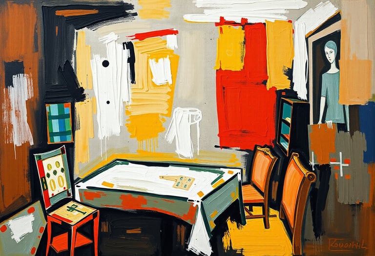 An abstract painting of a dining table and chairs