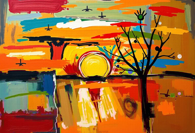 An abstract painting of a sunset and a tree in a field
