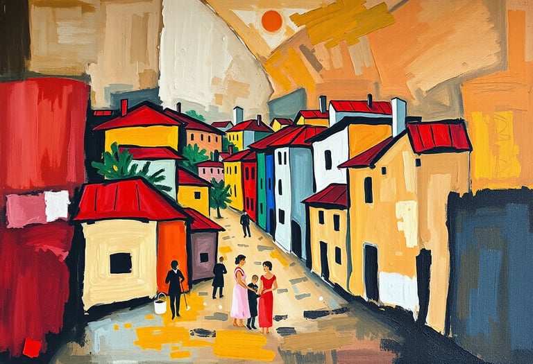 Ab abstract painting of people in a street with houses