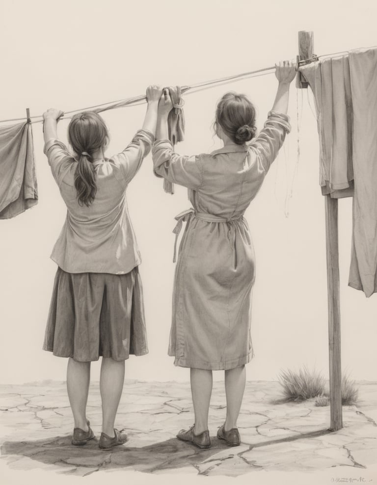Two women hanging clothes on a washing line