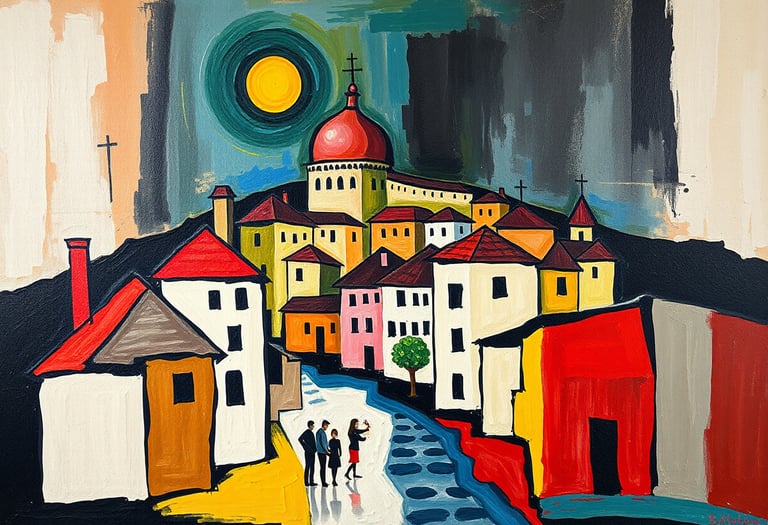 An abstract painting of houses and a street