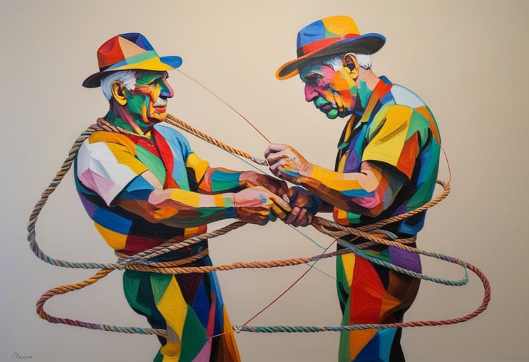 Two old men tangled up in rope