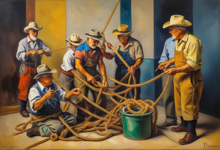A group of men trying to untie ropes