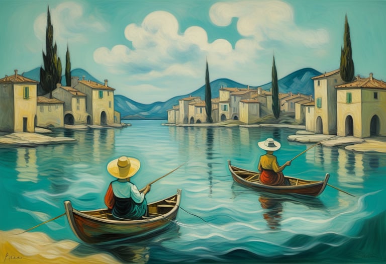 Two boats on a river with houses on each side