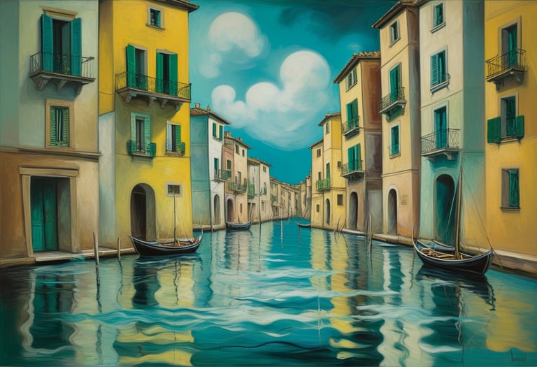 A scene of a river, boats and houses on each side
