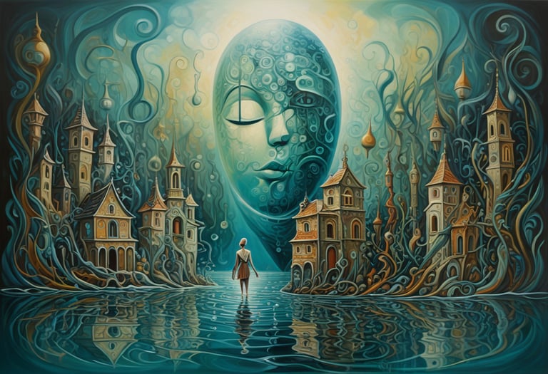 A face in a medieval town on a lake