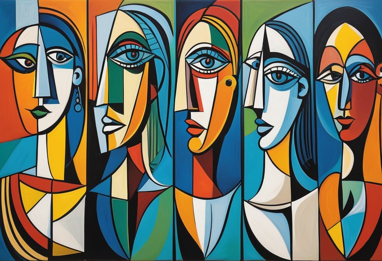 A row of abstract faces of women