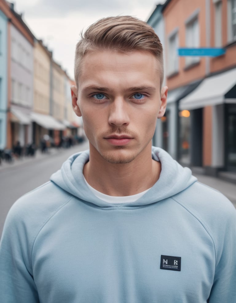 A man with blond hair wearing a light blue sweater.