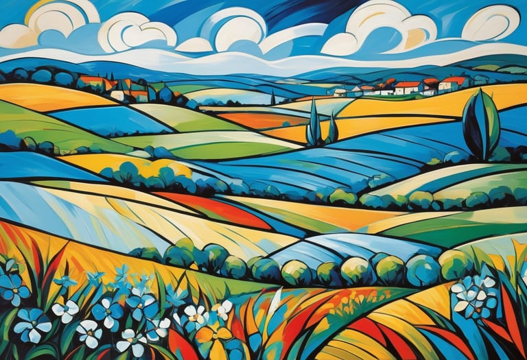 A scene of fields, flowers and color