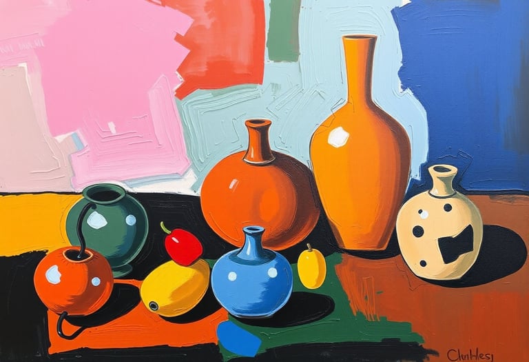 Abstract painting of colored vases on a table