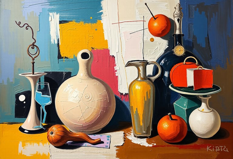 Abstract painting of vases on a table