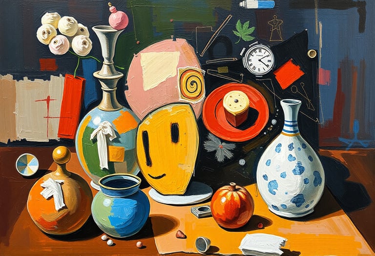 Abstract painting of vases on a table