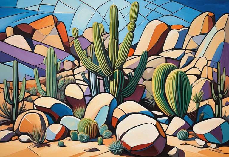 A desert scene with rocks and cactus