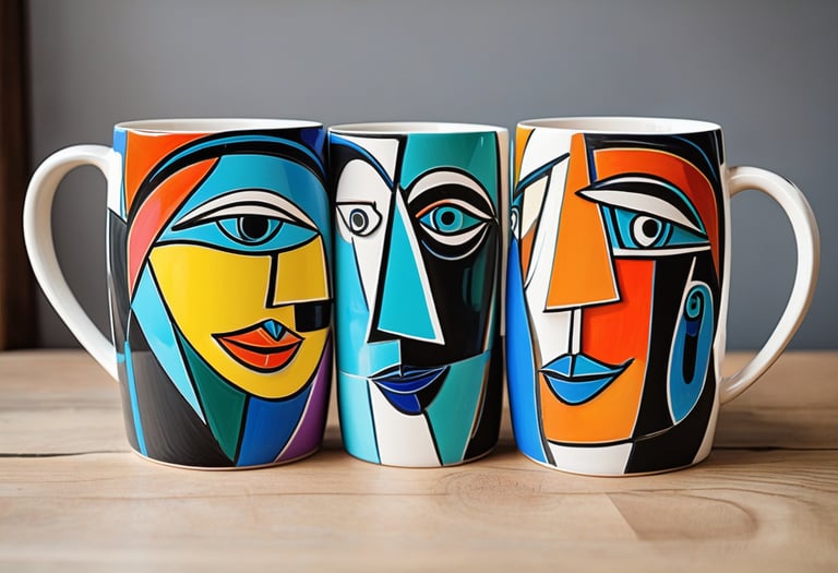 Three cups with colorful faces