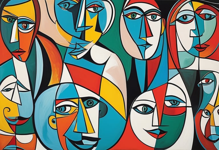 Abstract drawing of faces in blue, red and yellow