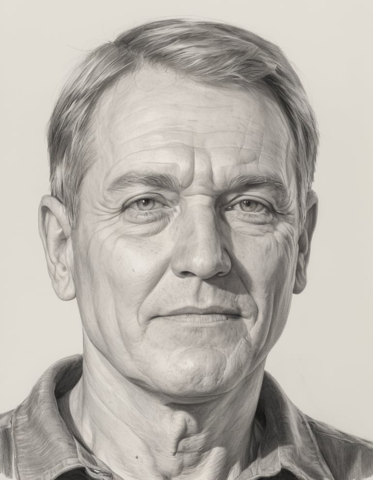 A pencil drawing of a middle aged man.