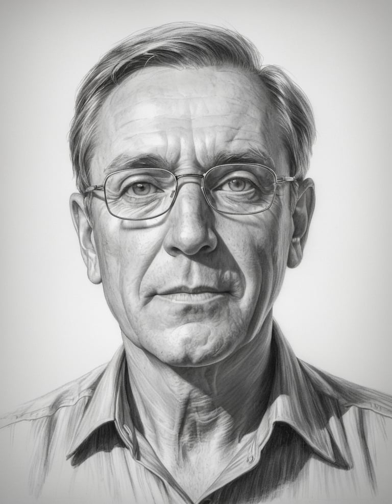 A drawing of a middle aged man wearing glasses.