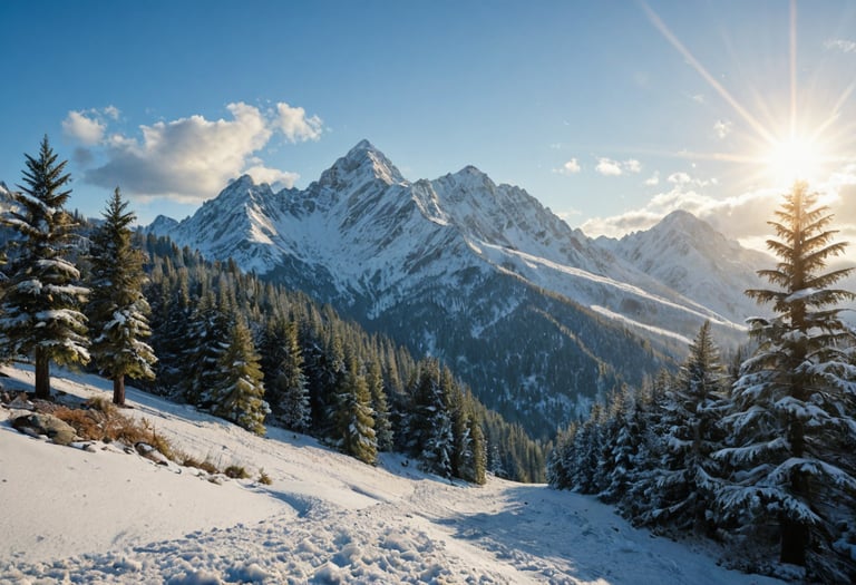A snowy forest valley with mountains in the distance