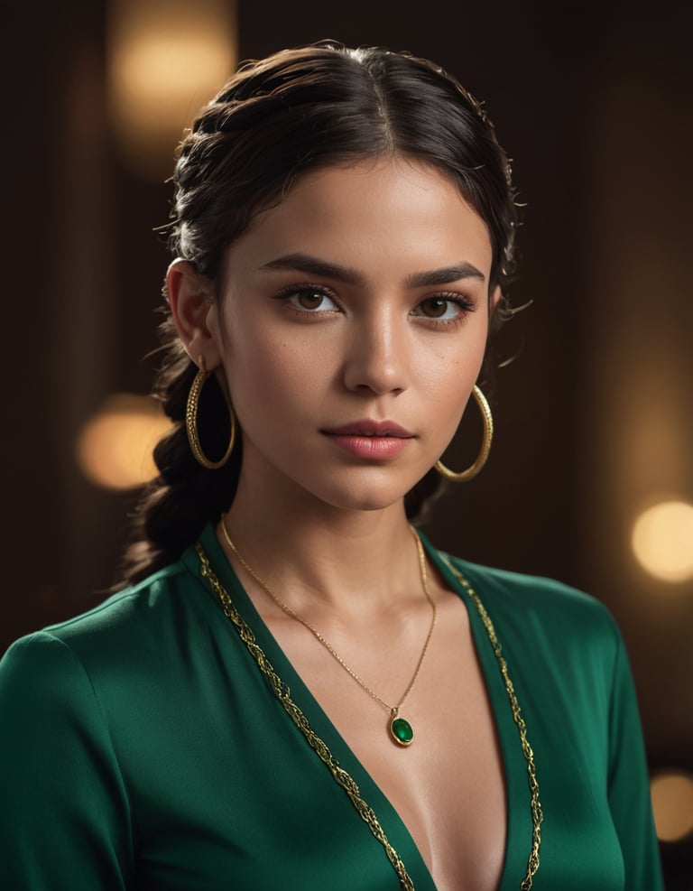 A Latina woman with hair tied wearing a green dress.