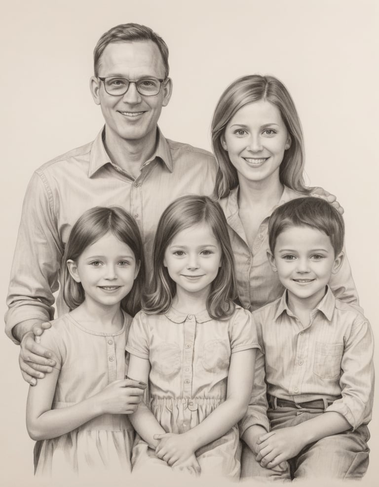 A pencil drawing of a couple and three children standing.