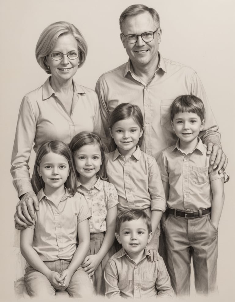 A pencil drawing of a family with five children standing.