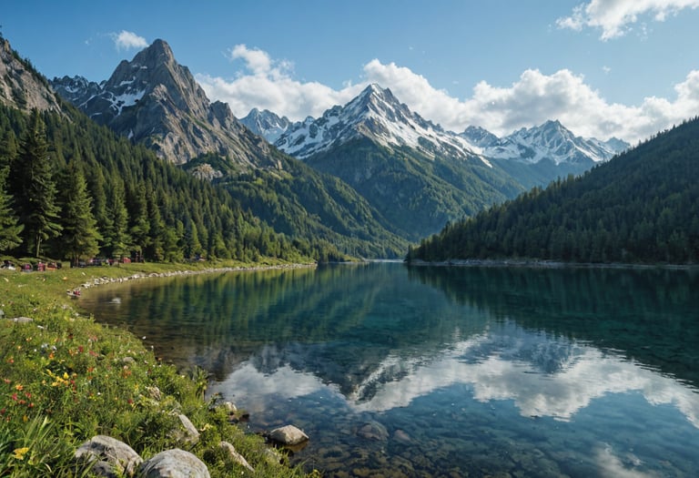 A Lake with a forest and mountains in the distance