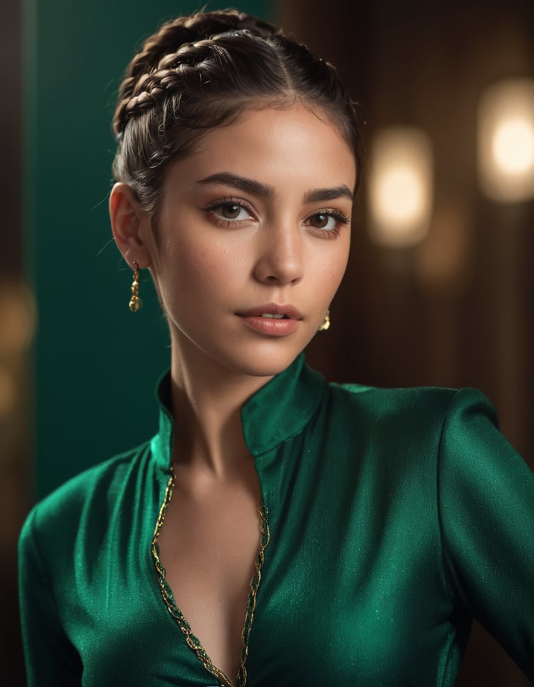 A woman with braided hair wearing a green satin top.