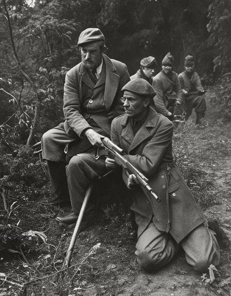 Two WWII soldiers sitting in a forest