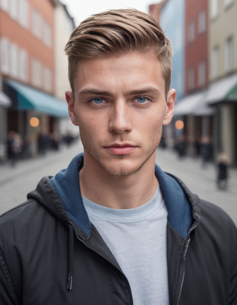 A blond man with blue eyes wearing a grey coat.