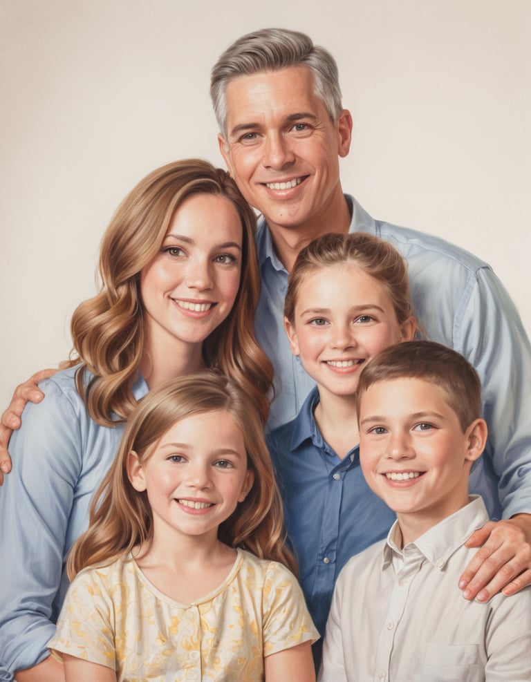 A color drawing of a family standing and smiling.