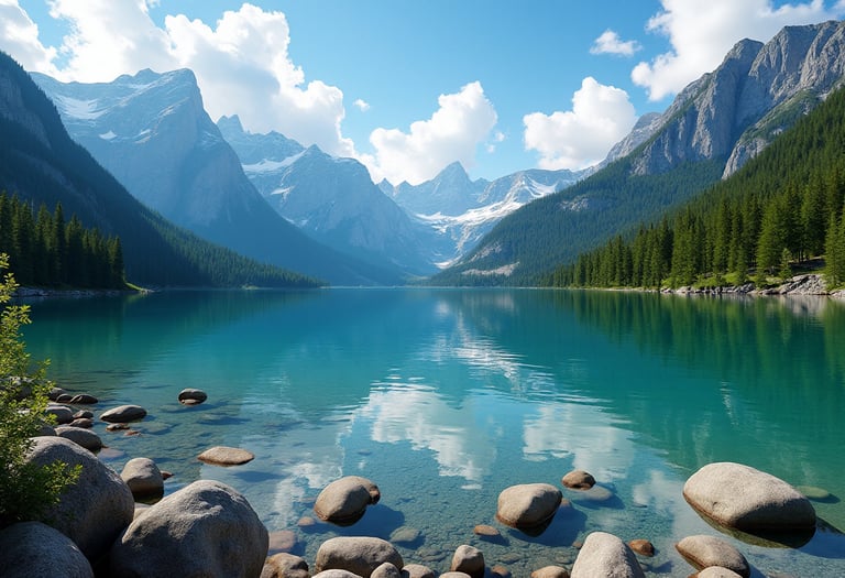A lake with rocky mountains in the distance