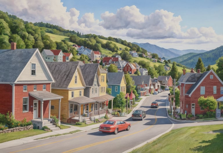 A colored drawing of two story houses and cars in a street.