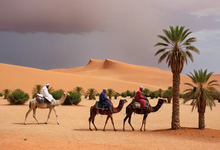 Three men riding camels in a desert oasis.