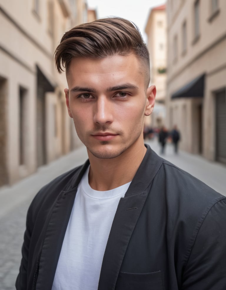 A man wearing a white t-shirt and black jacket.