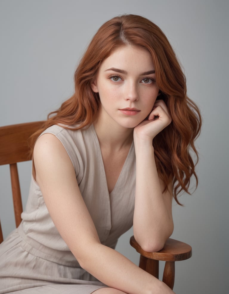A woman with ginger hair sitting on a chair.