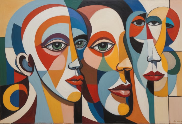 An abstract painting of eyes, human heads in colors.