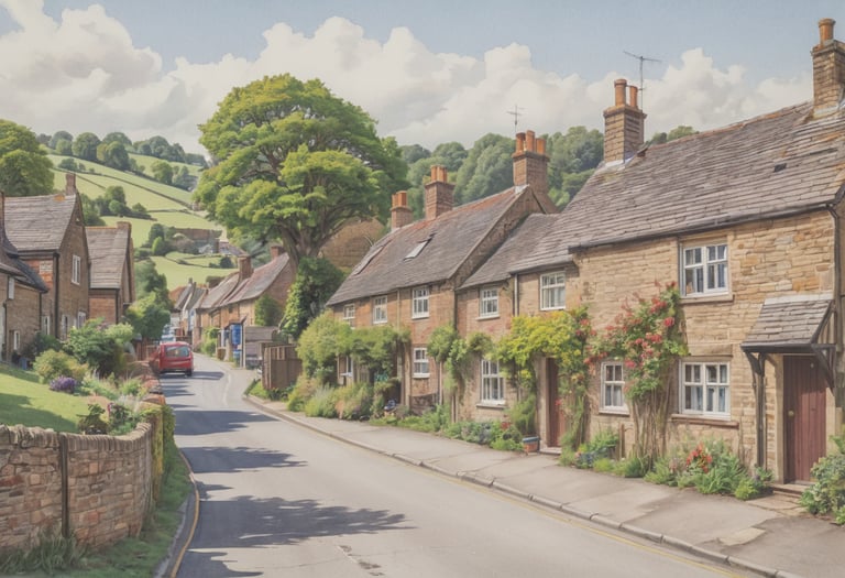 A colored drawing of a row of houses and a street.