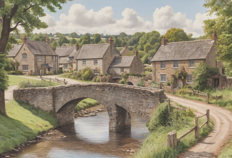 A colored drawing of a road going over a bridge in a small village.