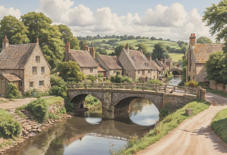 A color drawing of an old bridge in rural England.